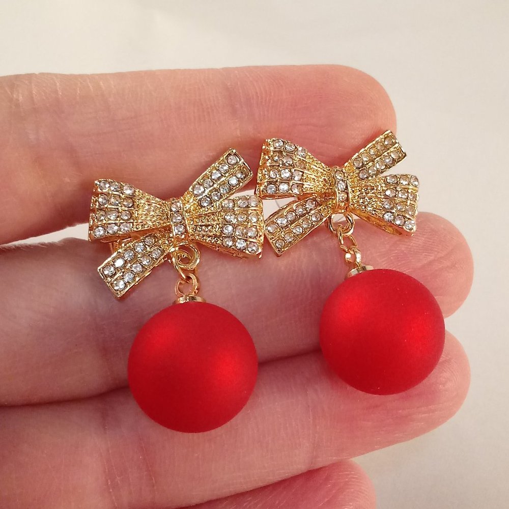 Yellow Gold 925 Silver Red Ball Bow Knot Diamond Zircon Dangle Stud Earrings New